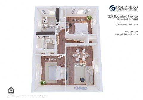 Floor plan for 2 beds, 1 bath, 828 sqft